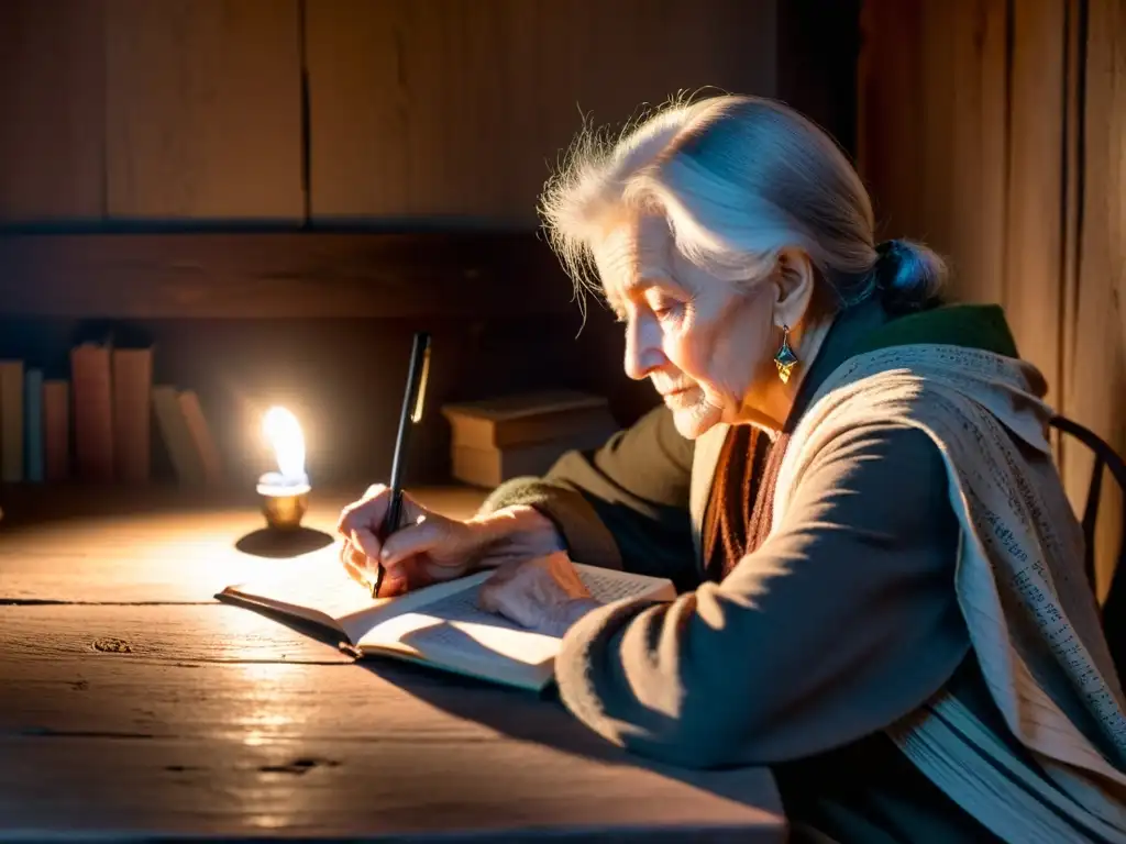 Una anciana escribe con determinación en un cuaderno, rodeada de libros y una foto militar