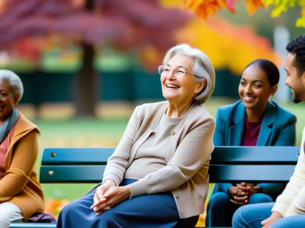 Una anciana comparte una historia con un grupo diverso en un banco del parque al atardecer, reflejando el impacto del cambio lingüístico en la sociedad contemporánea