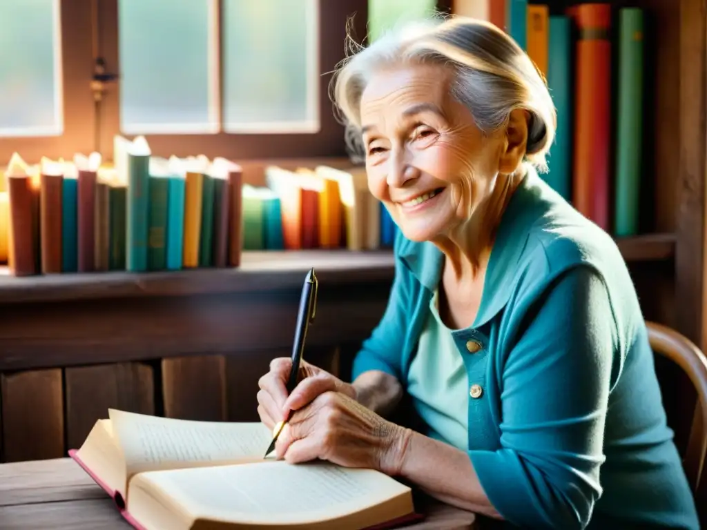 Una anciana sonriente rodeada de libros coloridos en varios idiomas, lista para escribir