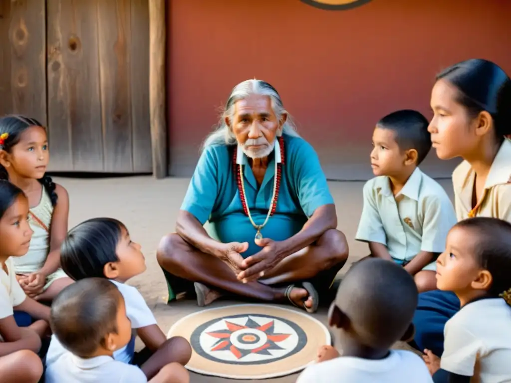 Un anciano indígena comparte una historia a niños, manteniendo lenguas indígenas vivas siglo XXI