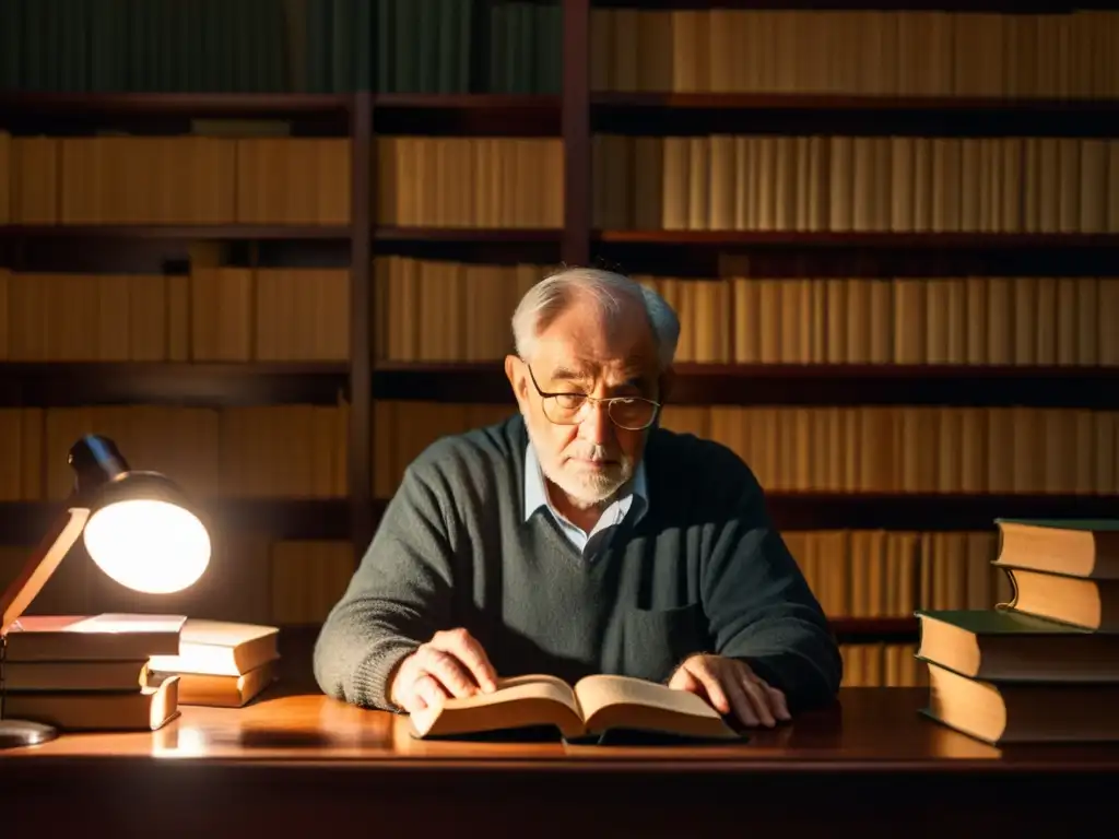 Un anciano inmerso en un estudio lleno de libros, concentrado en la lectura