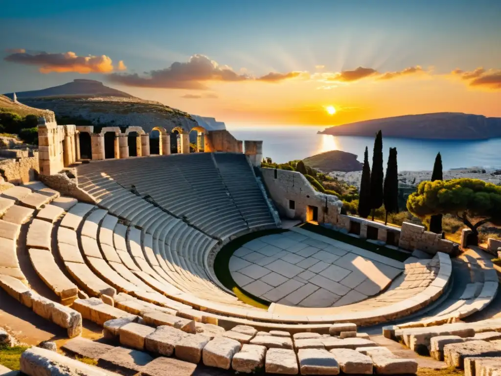 Anfiteatro griego antiguo al atardecer, ruinas silueteadas en cielo colorido