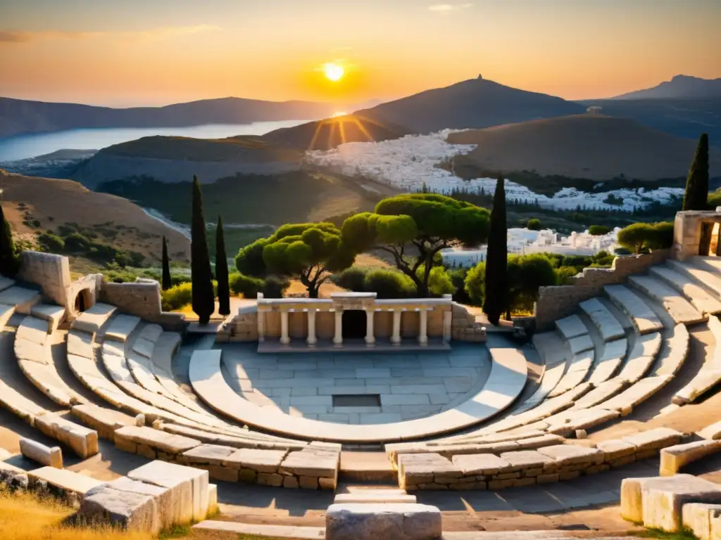 Un anfiteatro griego antiguo iluminado por el cálido atardecer, con actores ensayando en el escenario y un paisaje natural majestuoso