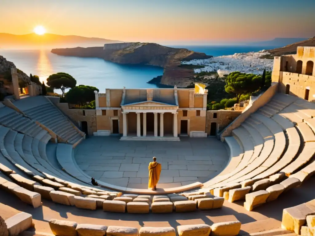 Anfiteatro griego antiguo con la puesta de sol, evocando la peripeteia en la tragedia griega