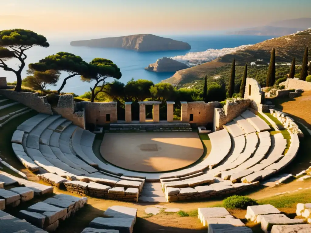 Un anfiteatro griego al atardecer, con ruinas, vegetación exuberante y una figura solitaria, evocando las tragedias de Eurípides en mitología