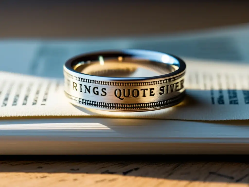 Anillo de plata con citas literarias sobre un libro antiguo iluminado