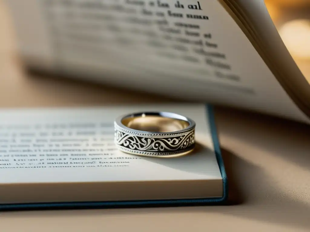 Un anillo plateado minimalista con un encantador libro detallado