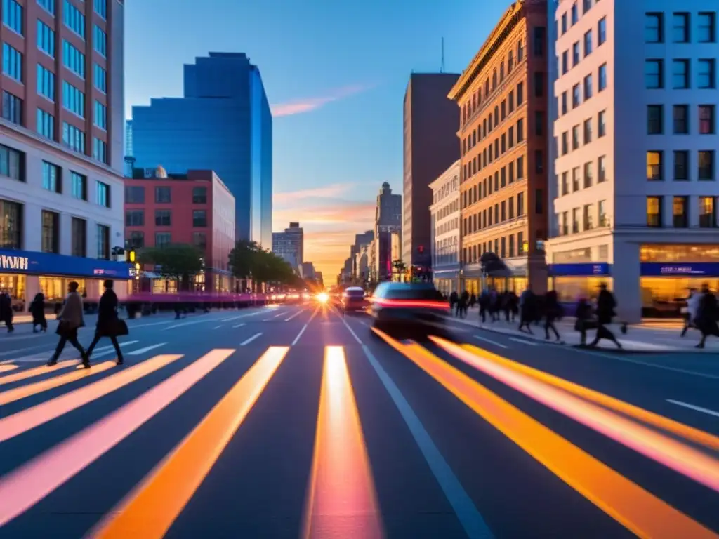 Una animada calle urbana al anochecer, con rascacielos proyectando largas sombras y la luz de las farolas iluminando la escena