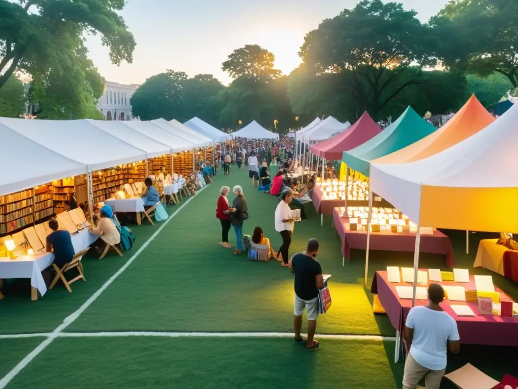 Una animada feria de editores independientes llena de coloridos puestos y mesas que muestran una variedad de libros y revistas