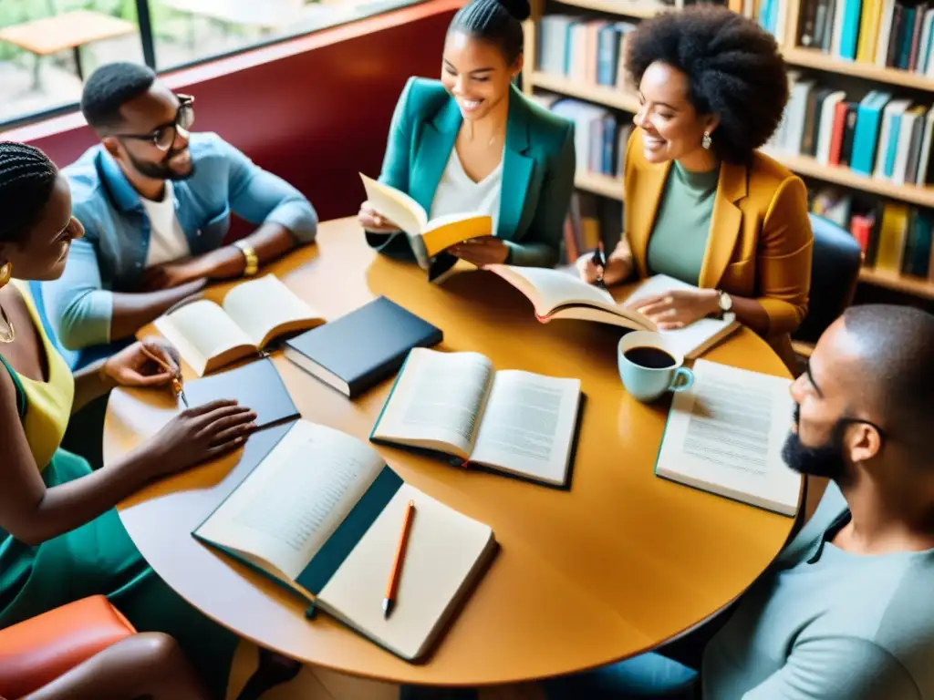 Un animado debate en un café literario con diversidad cultural