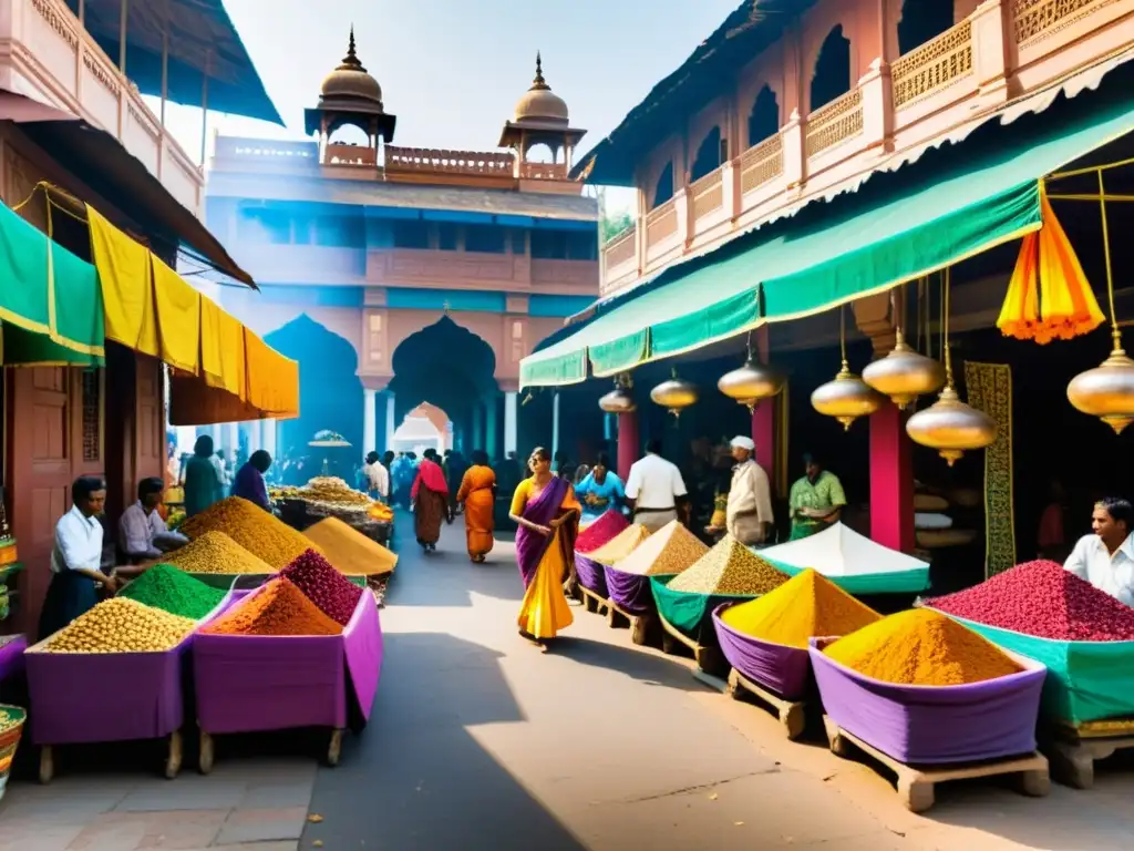 Un animado mercado callejero en la India colonial, con saris coloridos, especias exóticas y arquitectura colonial en obras Kipling