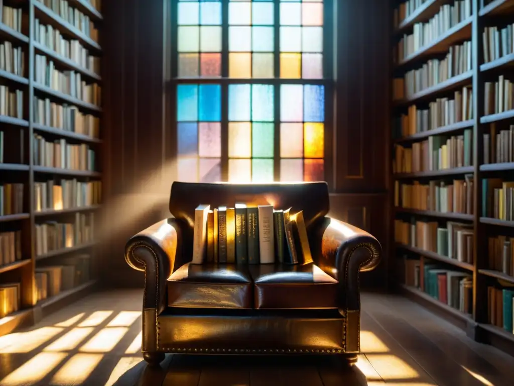 Antigua biblioteca iluminada con libros de cuero, luz solar y atmósfera de conocimiento