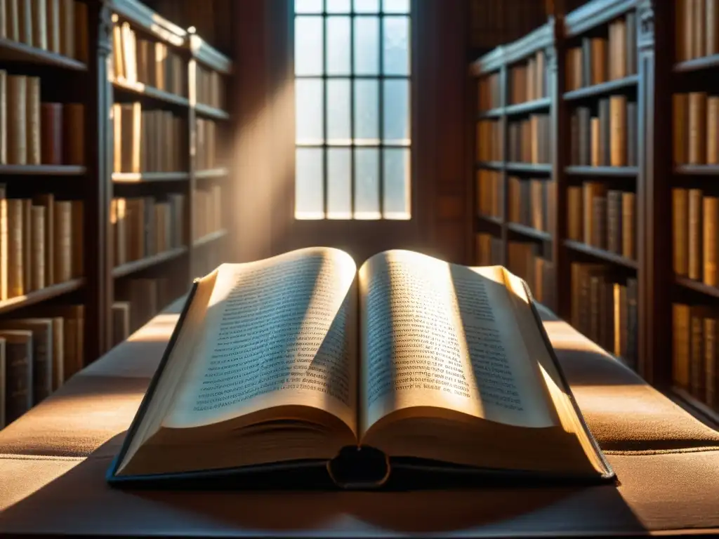 Antigua biblioteca iluminada por el sol, revelando mensajes ocultos en libros antiguos