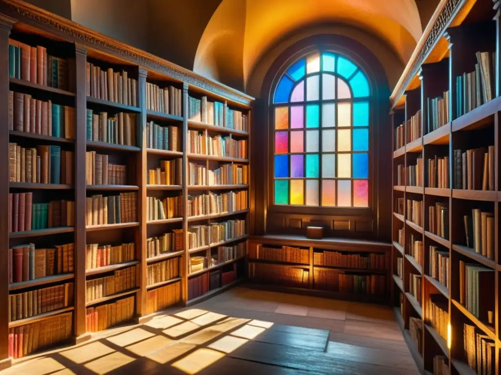 Antigua biblioteca llena de sabiduría y misterio, bañada por la luz del sol