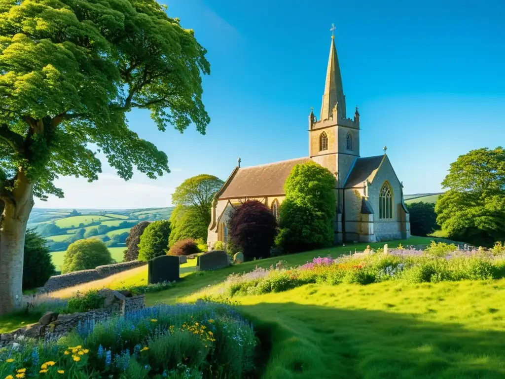 Antigua iglesia inglesa rodeada de colinas verdes y flores silvestres, evocando la influencia del anglicanismo en la literatura británica