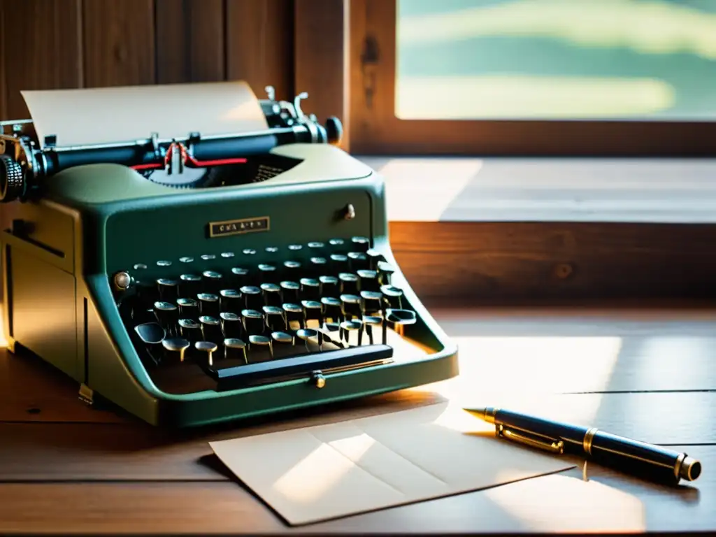 Una antigua máquina de escribir descansa en un escritorio de madera, con papel y pluma cerca