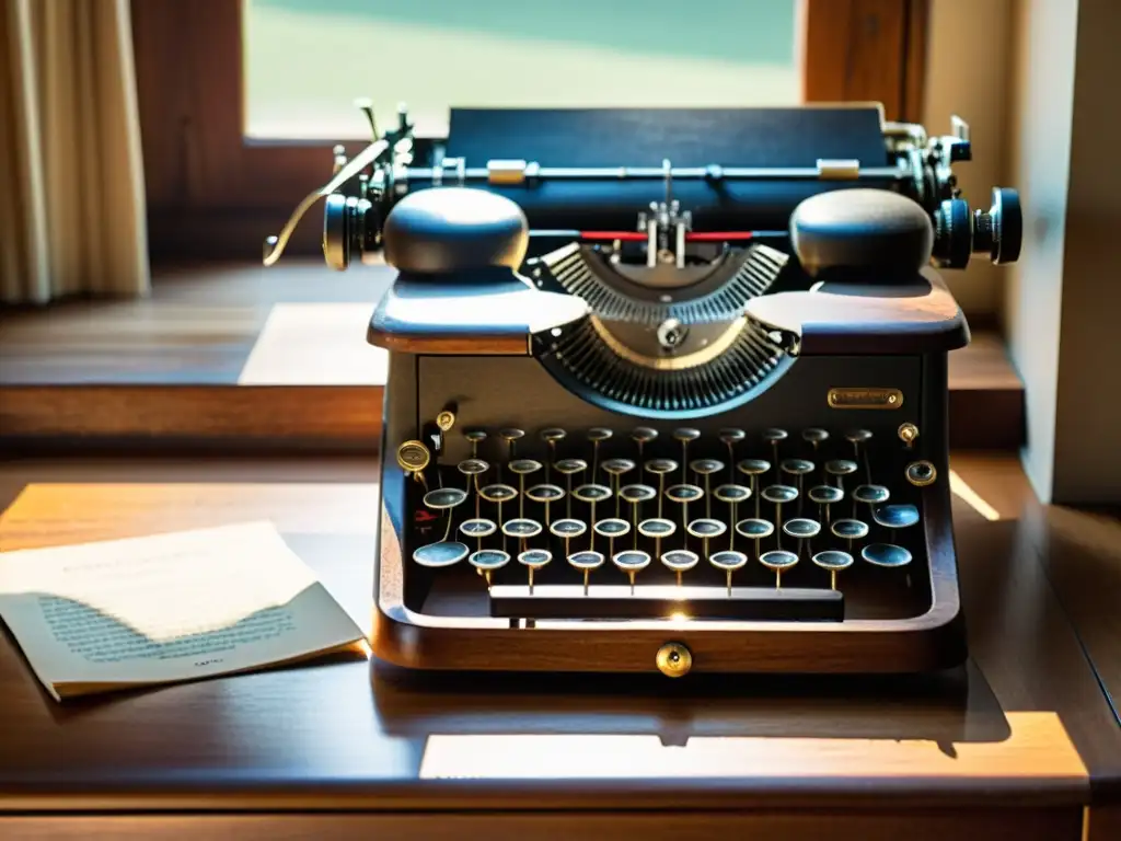 Una antigua máquina de escribir descansa sobre un escritorio de madera, iluminada por una suave luz, evocando historia y creatividad