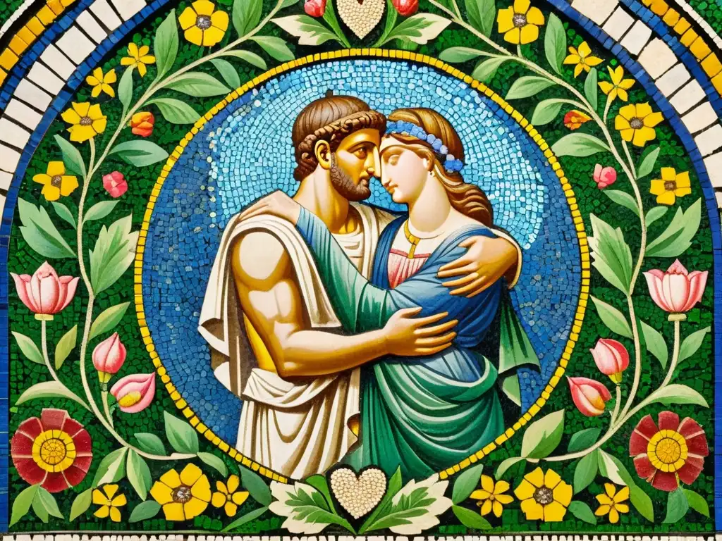 Antigua mosaico romano de amor y poesía con Catulo y Lesbia en un abrazo apasionado, rodeados de exuberante naturaleza y flores vibrantes