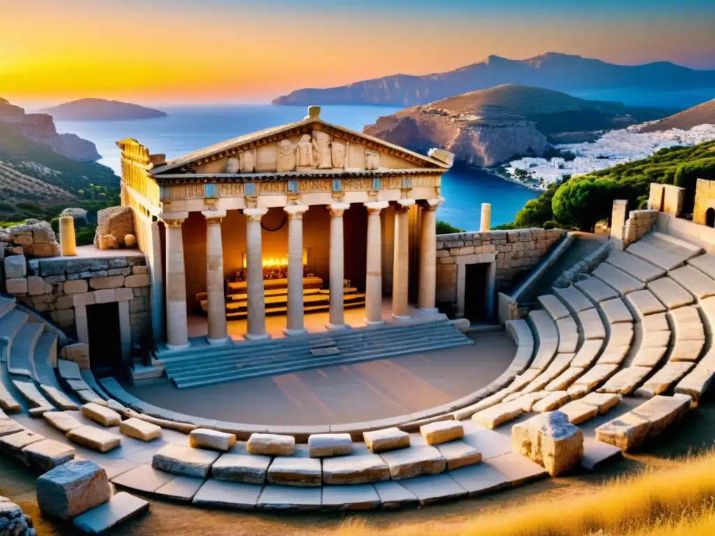 Antiguo anfiteatro griego al atardecer, expectante público iluminado por antorchas, escenario grandioso