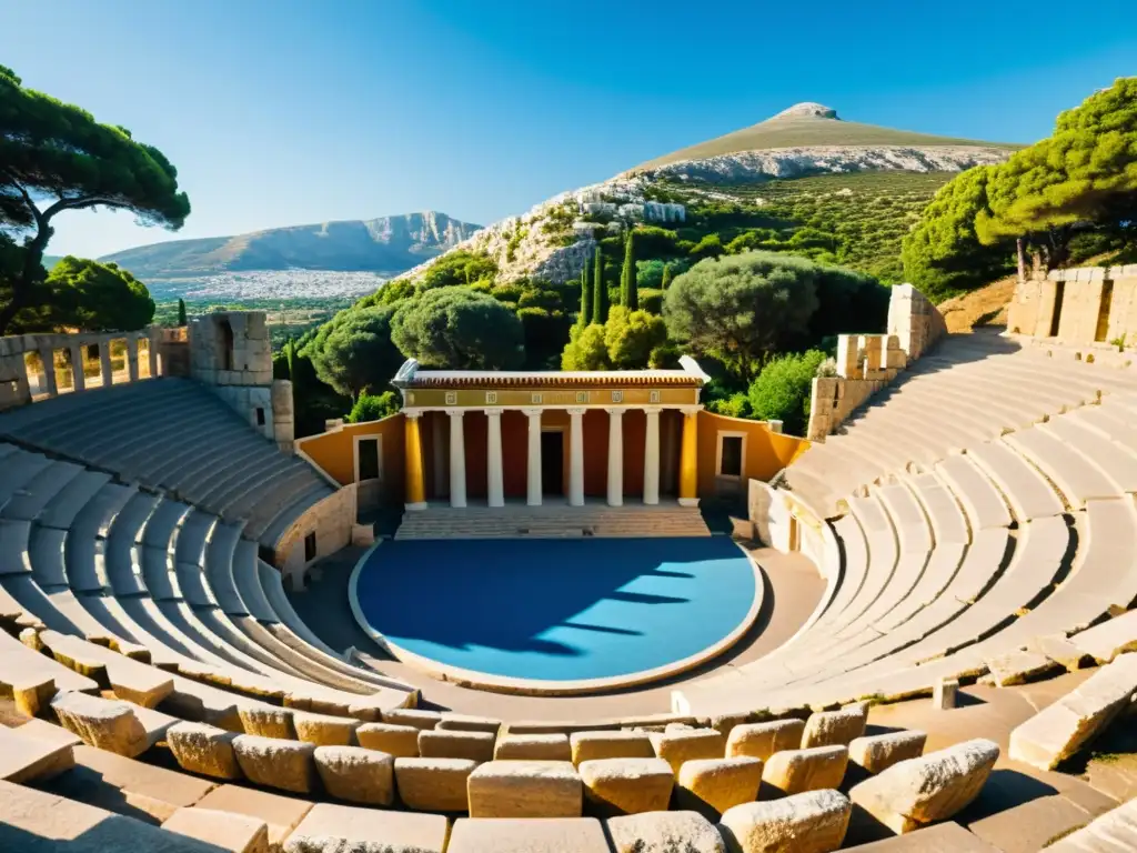 Antiguo anfiteatro griego bañado por la cálida luz del sol, con detalles arquitectónicos impresionantes y un escenario colorido