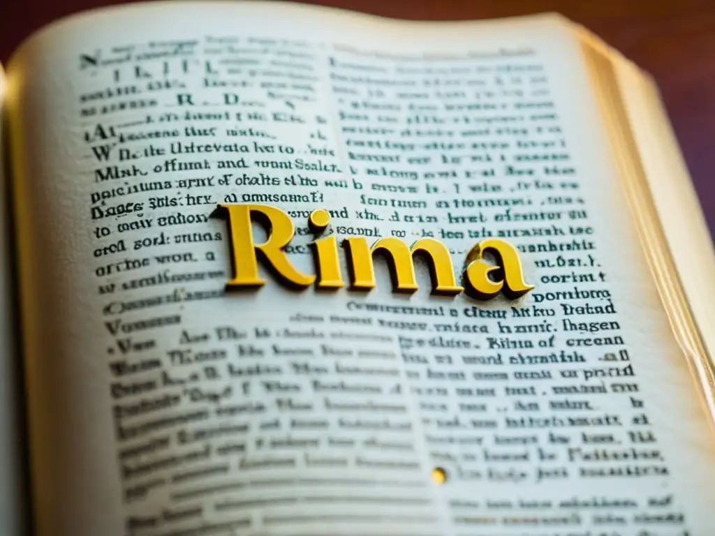 Un antiguo diccionario abierto en la página de 'rima' con colores vibrantes y detalles elegantes