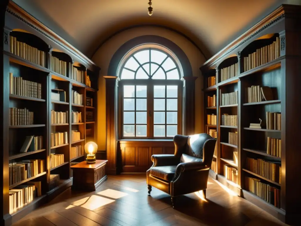 Un antiguo espacio de estudio con estanterías llenas de libros polvorientos, una silla de cuero desgastado y una lámpara de aceite