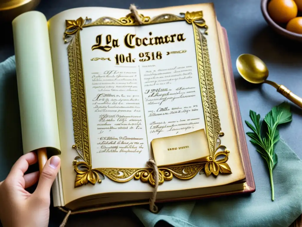 Un antiguo libro de cocina desgastado con notas manuscritas y letras doradas, evocando las técnicas literarias en La cocinera de Castamar