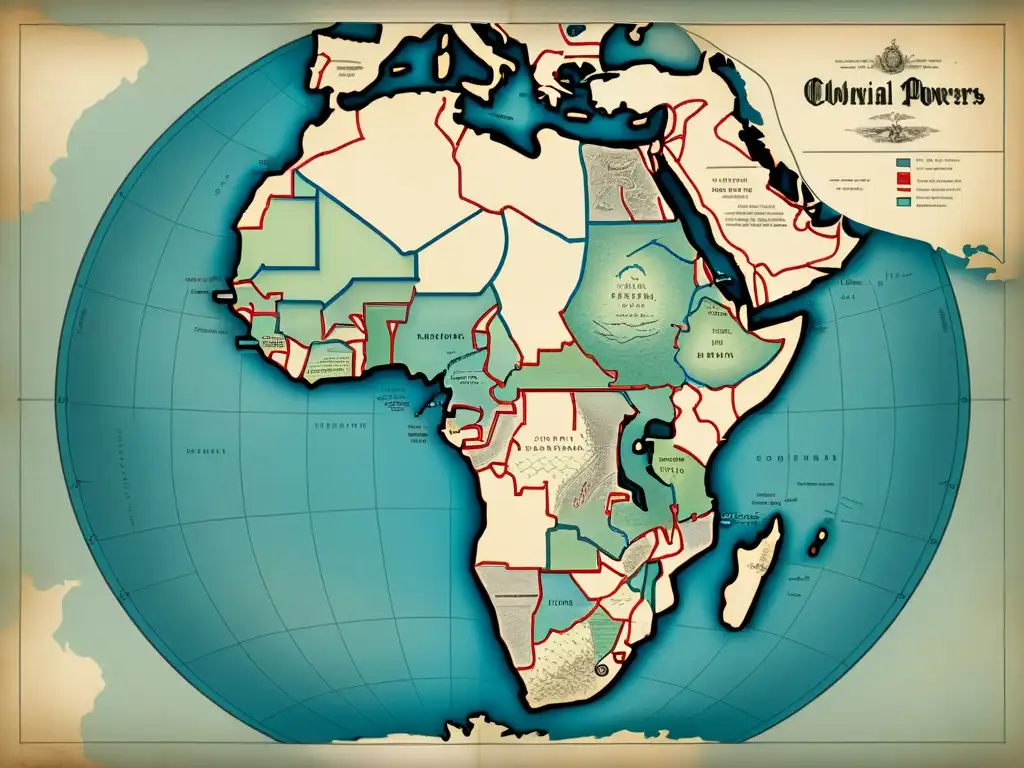 Un antiguo mapa colonial del siglo XIX con detalles intrincados y desgaste, evocando el impacto del colonialismo en África y Asia