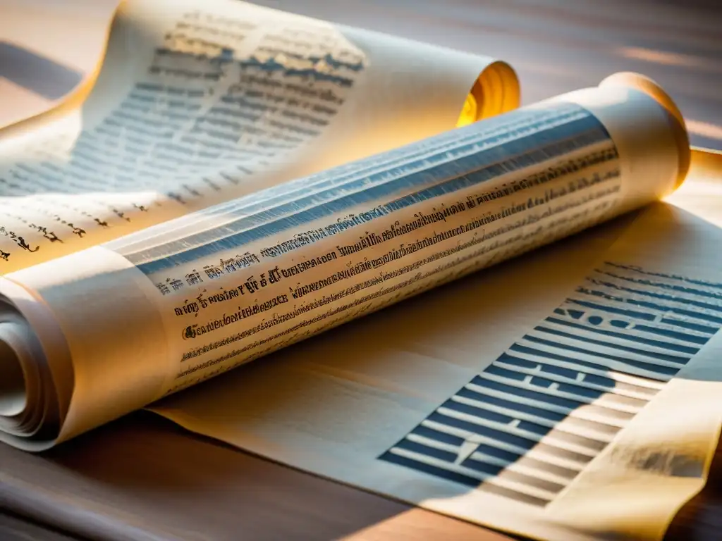 Antiguo pergamino desplegado con caligrafía e ilustraciones detalladas, simbolizando patrones recurrentes literatura trasfondo lingüístico