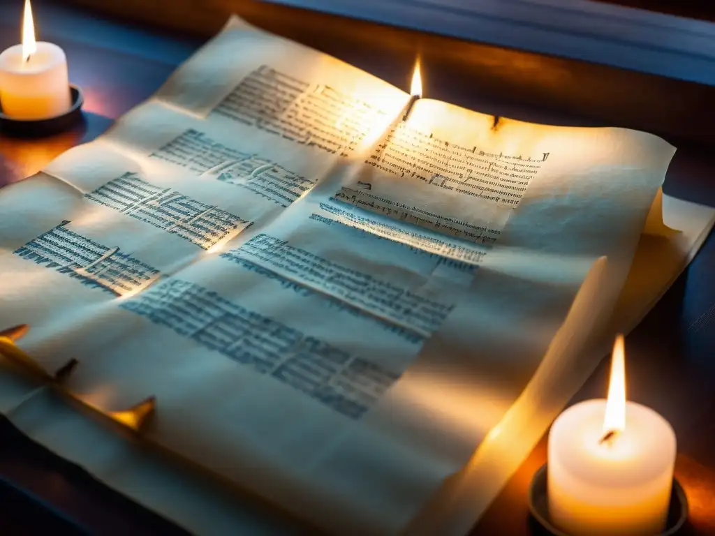 Antiguo pergamino con escritura en latín y hebreo, iluminado por la suave luz de las velas en una biblioteca tenue