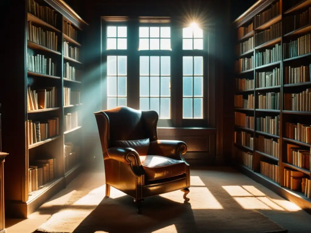 Un antiguo y polvoriento salón de biblioteca iluminado por un rayo de sol, con un sillón de cuero en el centro