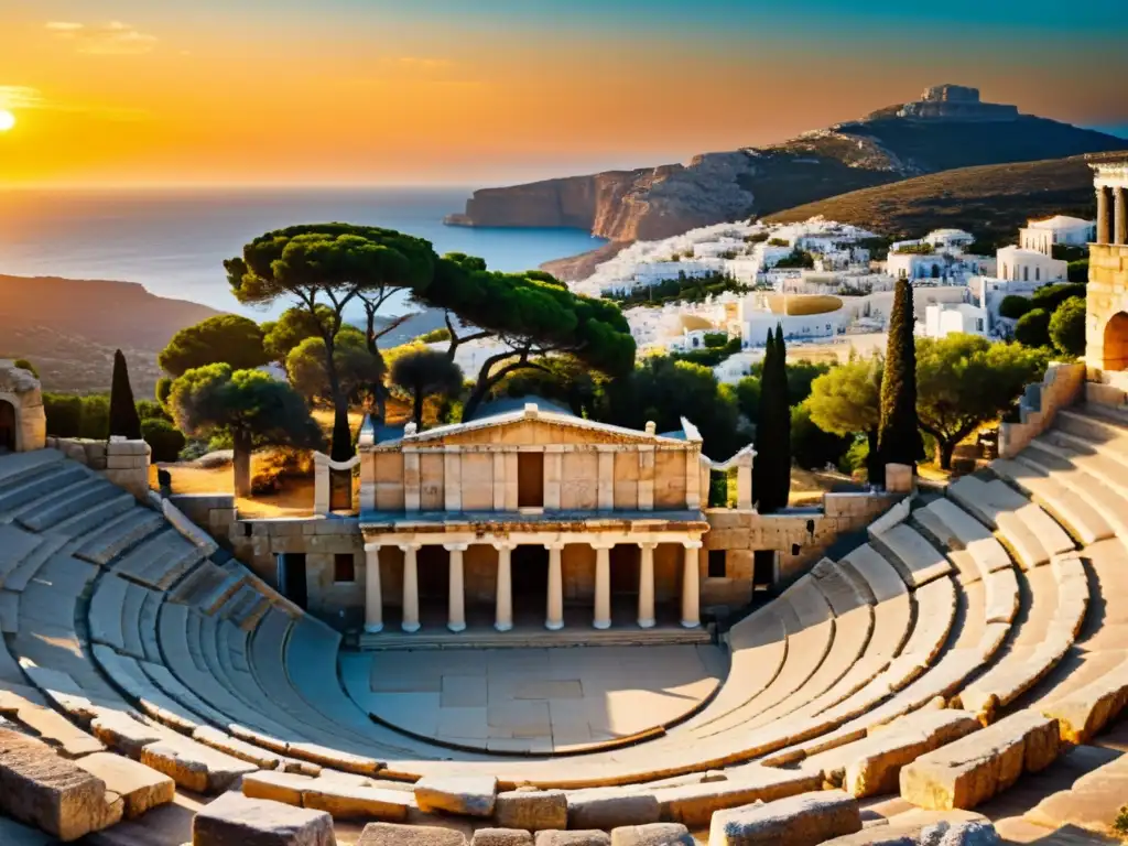 Antiguo teatro griego al atardecer, escenario listo para tragedia griega, con columnas y grabados detallados