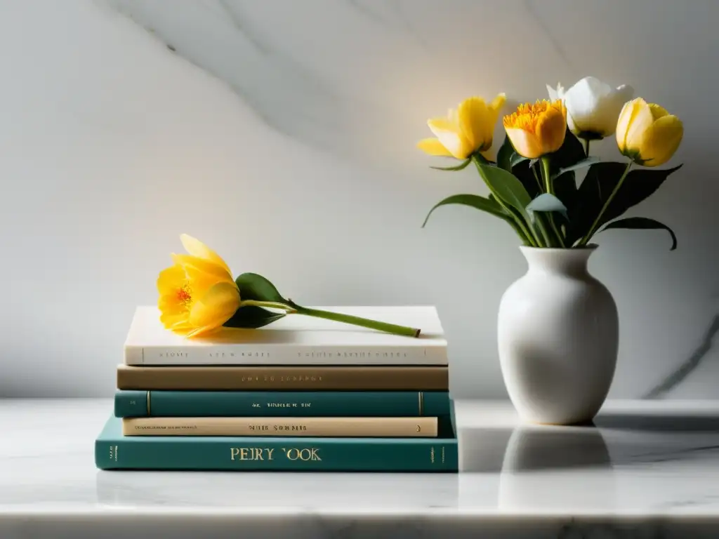 Un apacible montón de libros de poesía en una mesa de mármol blanco, iluminados por la suave luz natural