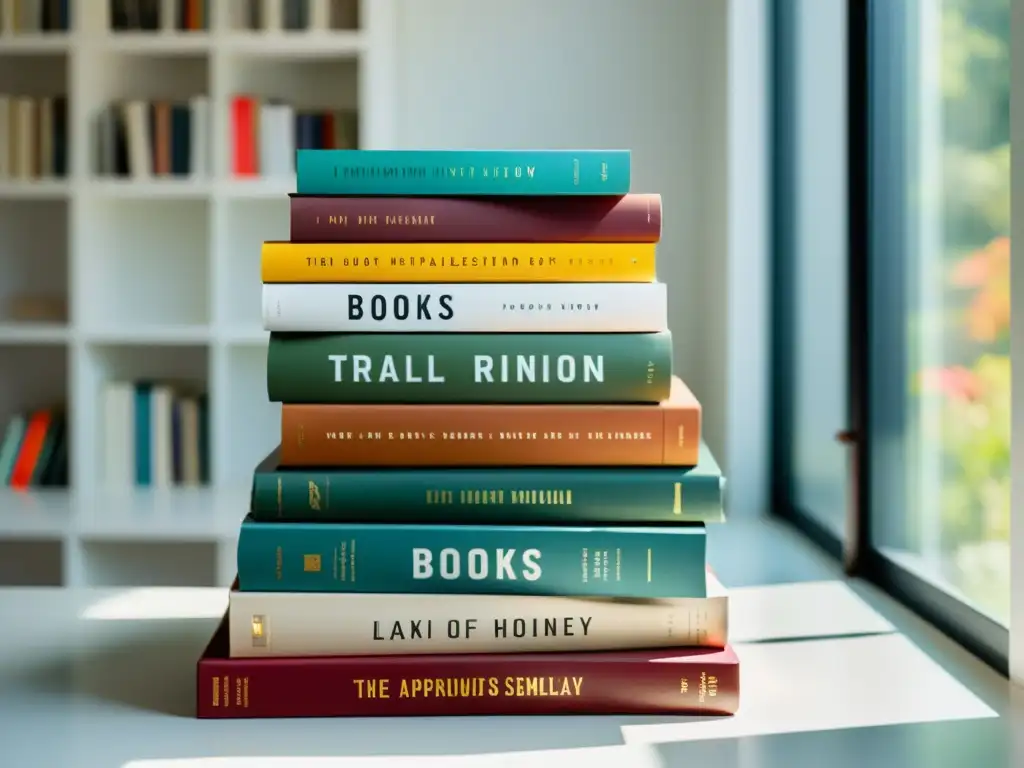 Una apacible pila de libros coloridos sobre una mesa blanca, iluminada por luz natural