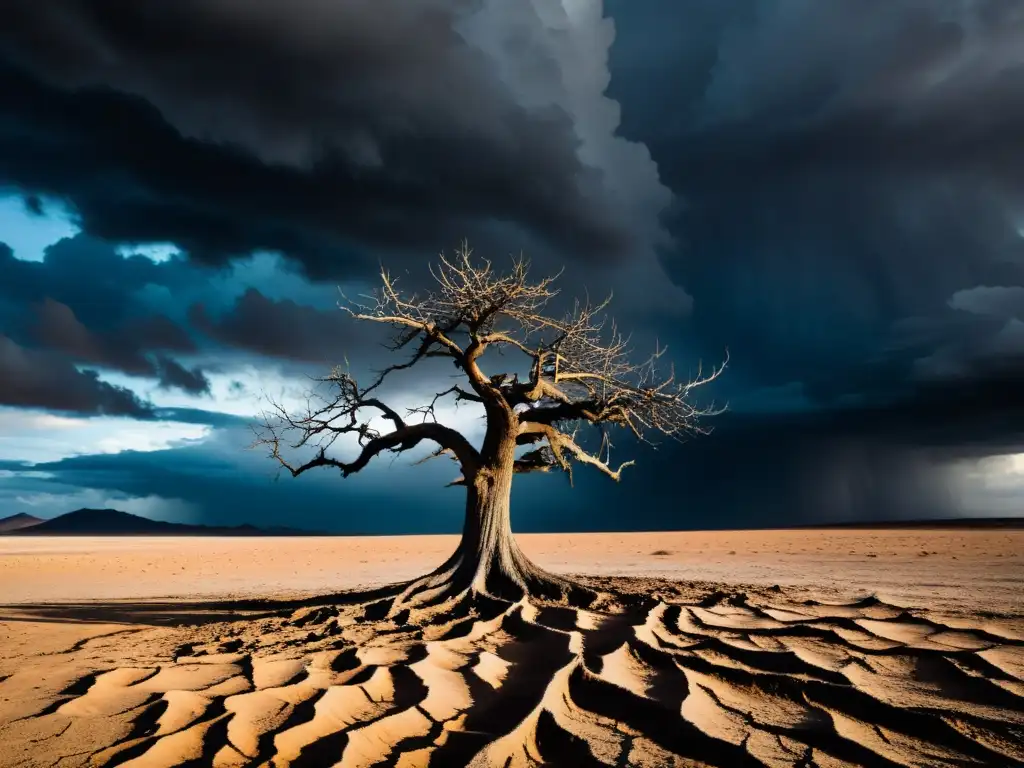 Un árbol solitario desafiando la desolación, sus raíces profundas en la tierra agrietada