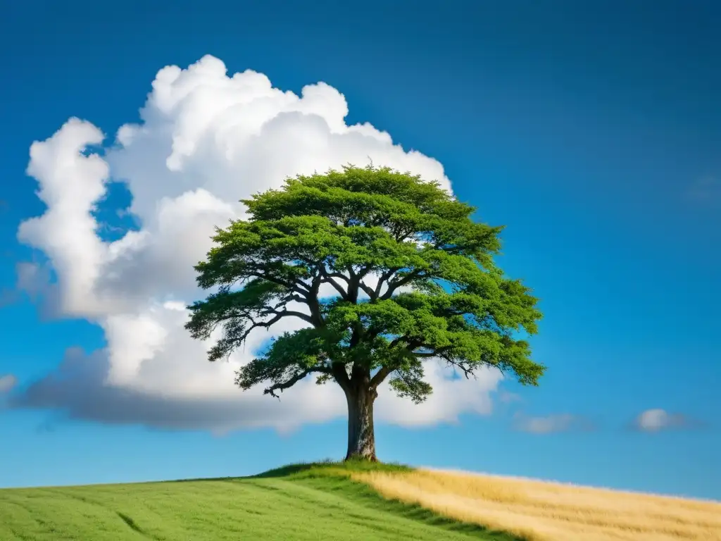 Un árbol solitario y majestuoso en un vasto campo, con ramas extendiéndose en todas direcciones