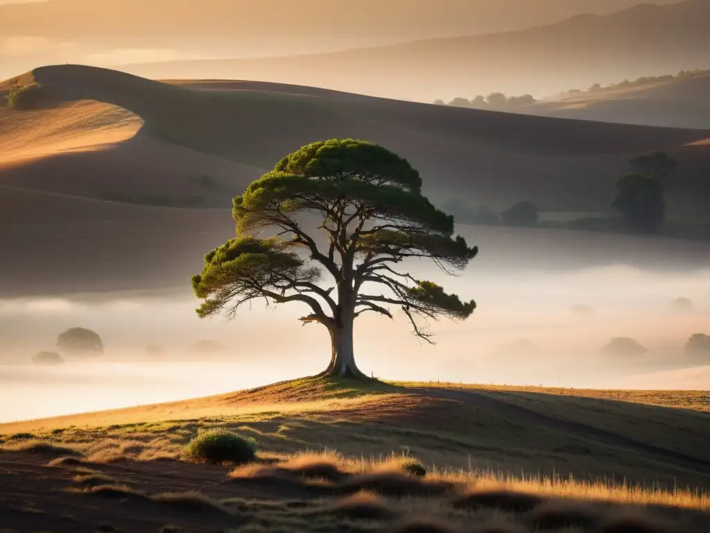 Un árbol solitario destaca en un paisaje vasto y prístino, bañado por la cálida luz dorada del sol poniente