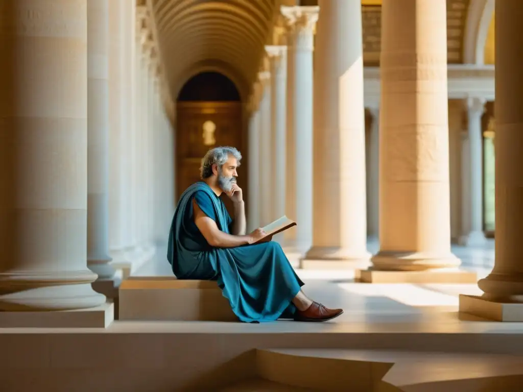 Aristóteles reflexiona en una majestuosa biblioteca llena de pilares y pergaminos antiguos, capturando la esencia de sus fundamentos teoría literaria