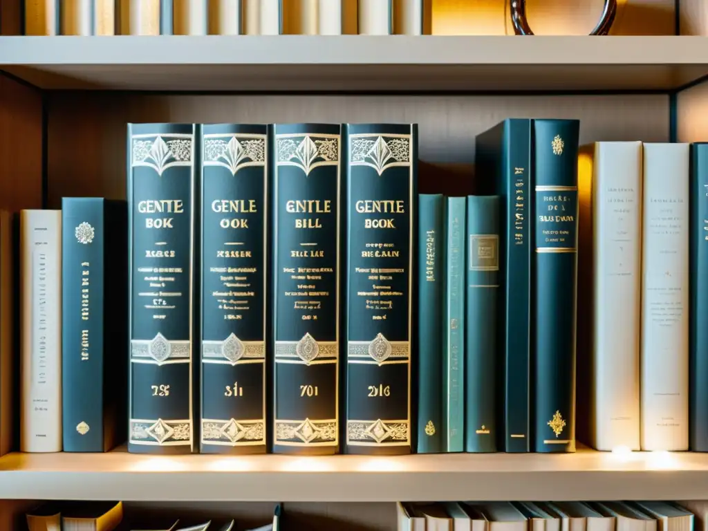 Librería vintage: Detalles exquisitos de libros personalizados Arte de personalizar biblioteca con sellos: Detallado dibujo de estantería vintage con libros de cuero y exlibris, iluminada por luz cálida