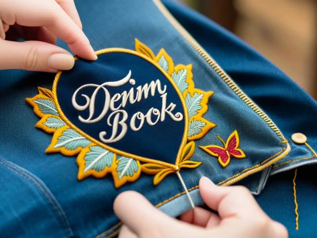 Artesano literario: detalle de manos cosiendo un libro Un artesano detalladamente cose un parche literario en una chaqueta de mezclilla