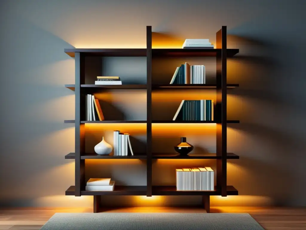 Artículos de decoración salón lectura elegante: Estante de madera elegante con libros organizados por color en una habitación acogedora y sofisticada