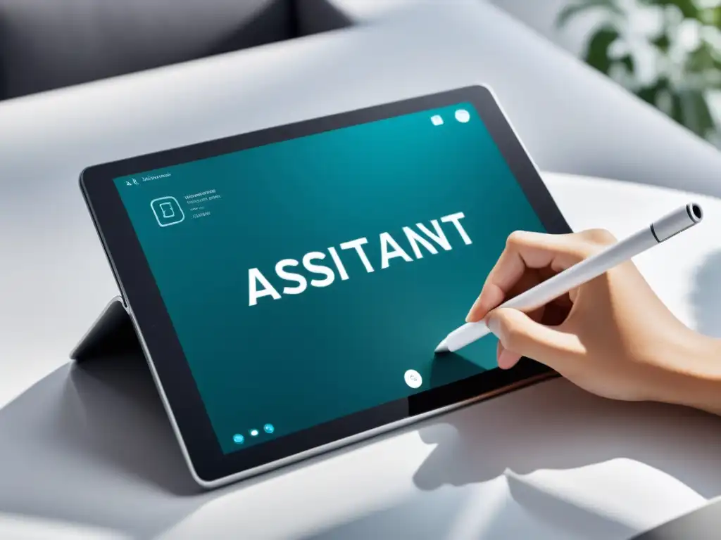 Asistente de Escritura AI en una Tableta Futurista Un asistente de escritura AI futurista en una tablet en un entorno profesional y moderno