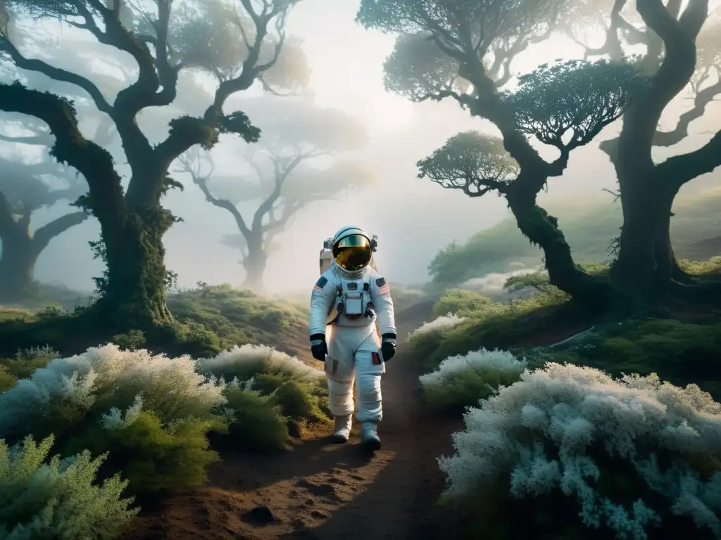 Un astronauta solitario explora un bosque nebuloso y surrealista, con su traje espacial destacando en el paisaje otro mundo