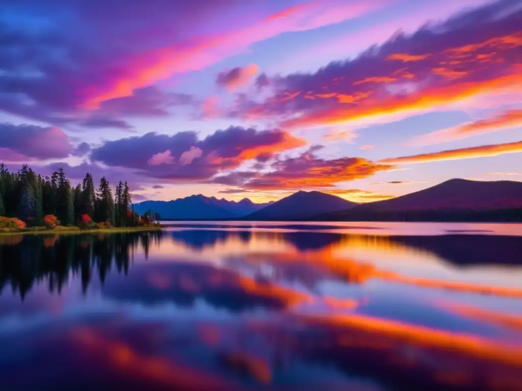 Un atardecer colorido sobre un lago sereno, reflejando el cielo en tonos cálidos