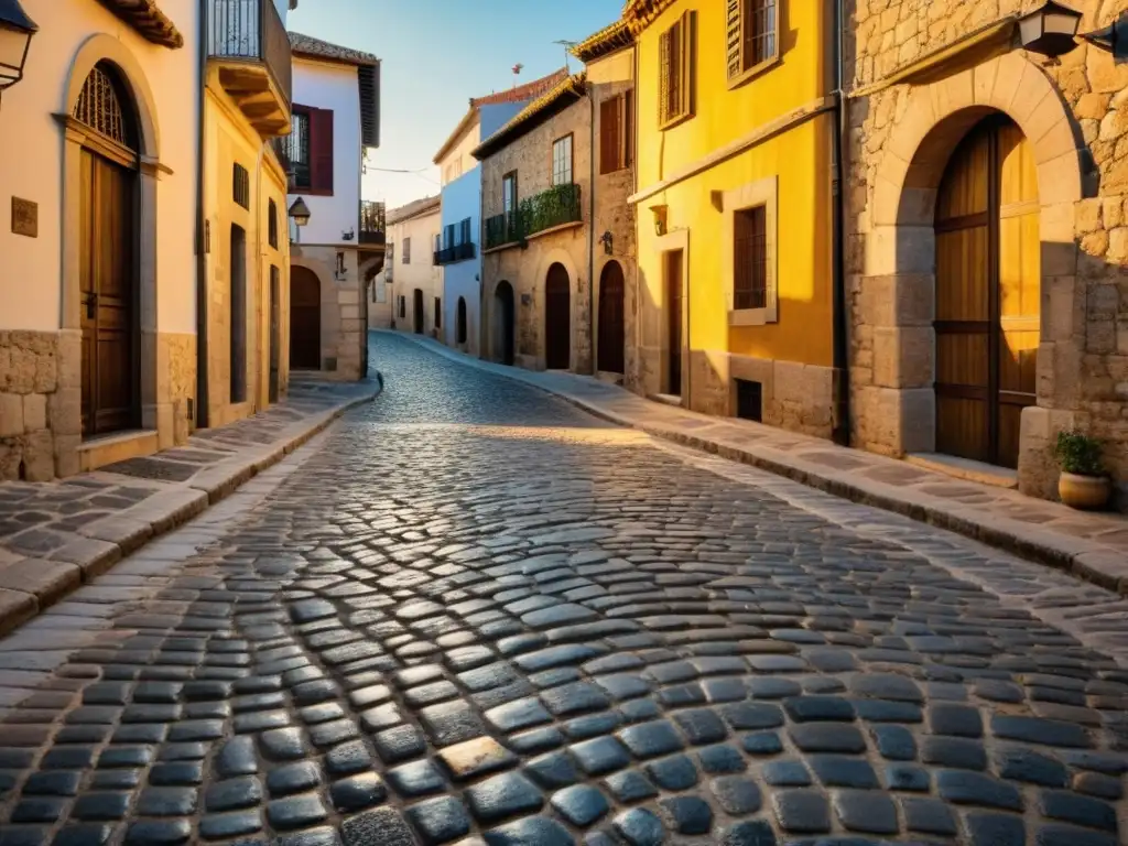 Un atardecer dorado ilumina una histórica calle empedrada en España