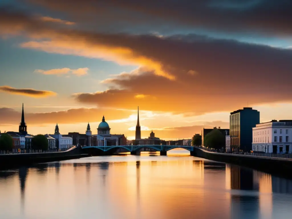 Un atardecer dorado ilumina el horizonte de Dublín, con la silueta de sus emblemáticos monumentos