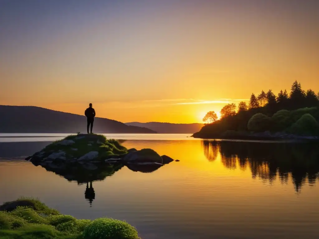 Un atardecer dorado sobre un lago tranquilo y cristalino, con la silueta de una figura solitaria