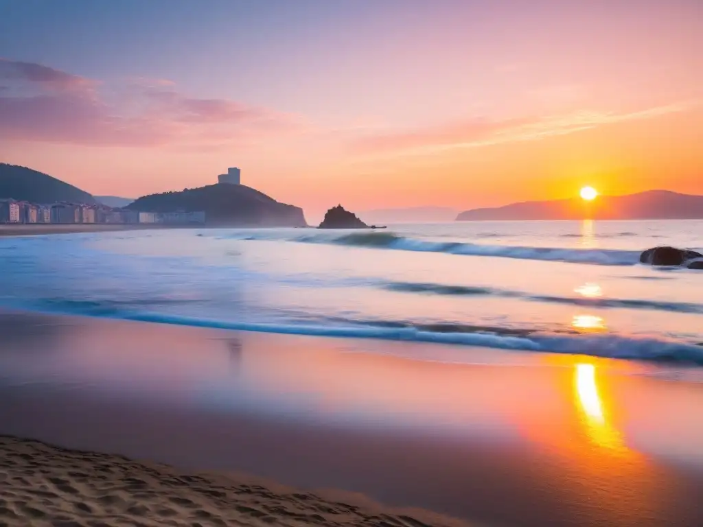 El atardecer sereno en la costa de Bilbao, con el sol dorado sobre el horizonte y personas paseando en la playa