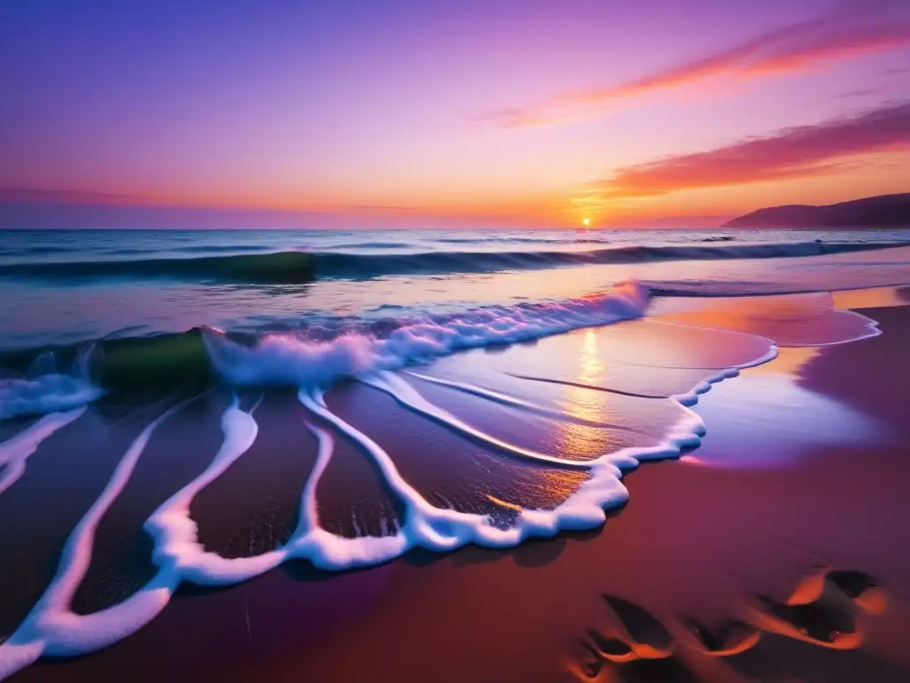 Un atardecer sereno en la playa, con olas suaves y cielo en tonos cálidos