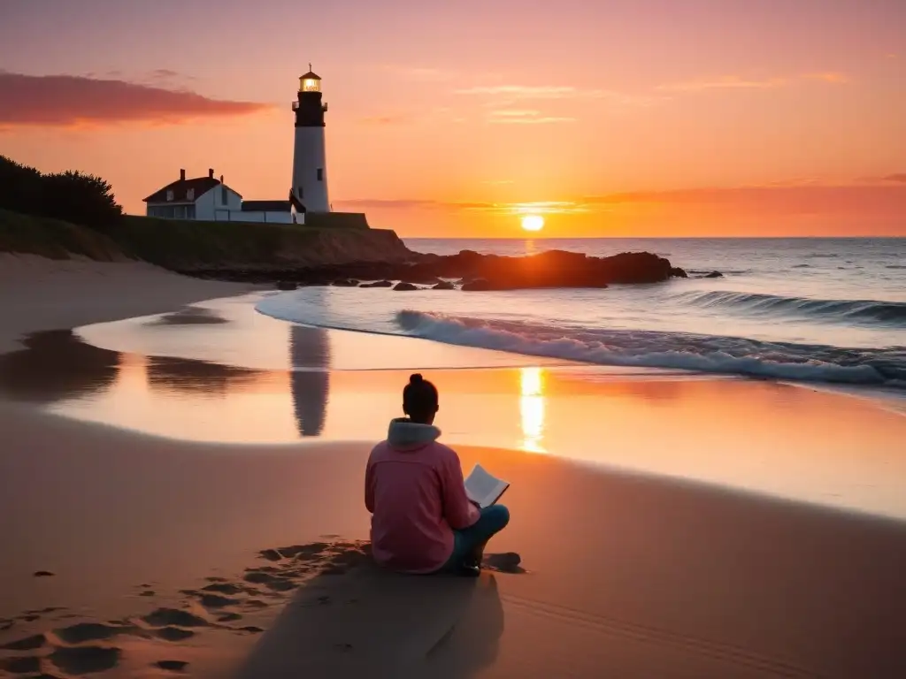 Un atardecer sereno en la playa con una persona leyendo un libro, olas suaves y el Festival Internacional de Literatura Bilbao en el horizonte